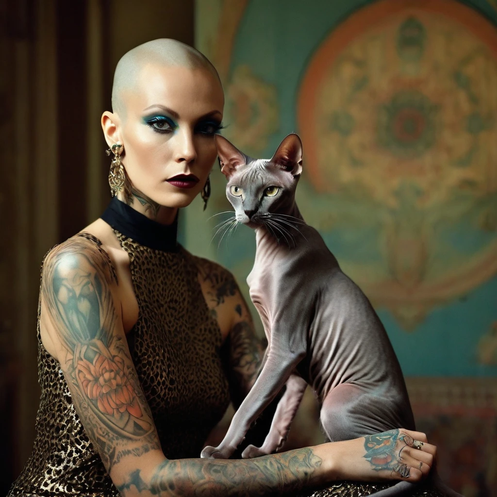 High Resolution, High Quality , Masterpiece. Sphinx cat tattoo enveloping the back of a tall, slender brunette seated, cat figure mirrored in hands, haunting gaze fixed on the lens, Bohemian Chic attire influenced by Leigh Bowery, eccentric hair styling, standout manicure resonating with the quirky vibe, facial expression arresting, outfit and tattoo intricacies in perfect harmony, exceptional composition, creative verve, ultra-realistic