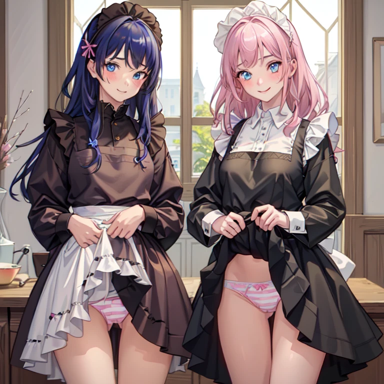 highest quality, masterpiece,((14years old:1.5)), ((2 girls:1.5)), ((smile:1.3)), (blush:1.3), Black Shirt, blouse, ((fun!!)), (Small breasts), Blonde, (Long sleeve), ((White apron:1.5)), ((Maid)), ((hair ornaments)), Kamimei, look at me, ((in house:1.5)), Taking a break from watching the audience, Cowboy Shot, (skirtlift:1.3), (Highly detailed pink striped panties:1.3), (Highly detailed panties:1.3), (skirt that rolls up:1.3), (Panties fully exposed:1.5), Light blue eyes, long hair, Glowing Eyes