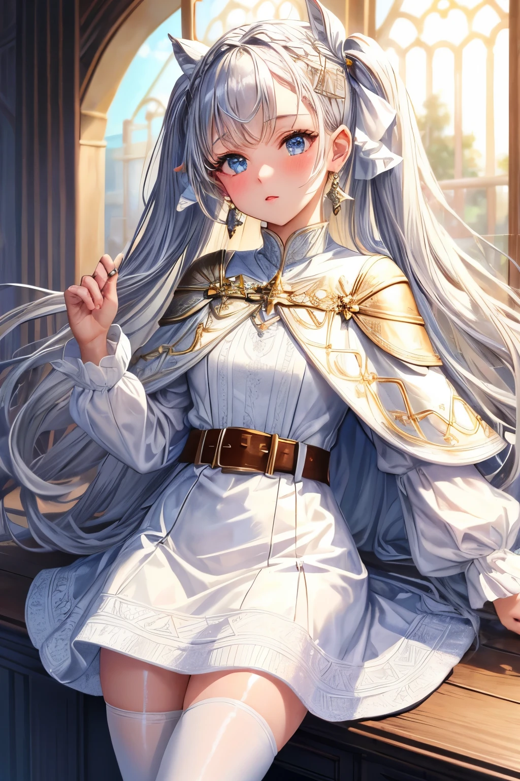 (masterpiece, highest quality), Intricate details, One girl, Freezing, Long Hair, Pointed Ears, jewelry, Earrings, Twin tails, Long sleeve, Capelet, white Capelet, dress, Parted bangs, white dress, belt, pantyhose