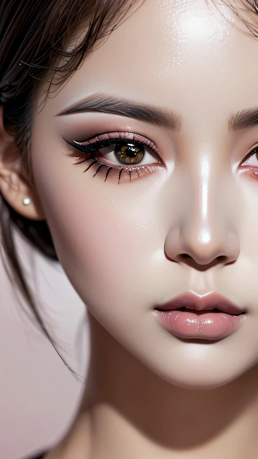 photorealistic Realism 32K Quality: (incredible ultra absurd-res detail quality, Ultra highres Realistic brown_eyes), ((portrait)) a cute 1model:1.4 24yo, ((anatomically correct)), ((perfect proportions)), ((finely detailed pupils:1.4)), (Perfekt makeup:1.35), ((ultra details symmetrical lips:1.3)), ((V-line jaw)), (light glossy pink_lipstick:1.35), ((Hyper absurd details of realistic long eyelashes:1.2 in ultra absurd detail quality), ((perfect dark_eyeshadows:1.45)), (super Detailed, beautiful little nose:1.2), (perfect composition), (half body shot), (close up of her face:1.25), beautiful cheekbones, double eyelids,