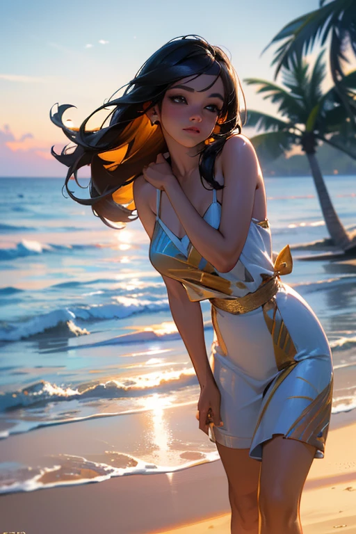 Padme completely naked, nude walking on a beach viewed from behind, highly detailed, photorealistic, realistic lighting, 8k, best quality, masterpiece, dynamic pose, detailed skin texture, flowing hair, beautiful detailed eyes, beautiful detailed lips, extremely detailed face, longeyelashes, intricate details, soft lighting, warm tones, glowing skin, serene atmosphere, picturesque beach setting, waves lapping at the shore, palm trees in the background, golden hour lighting