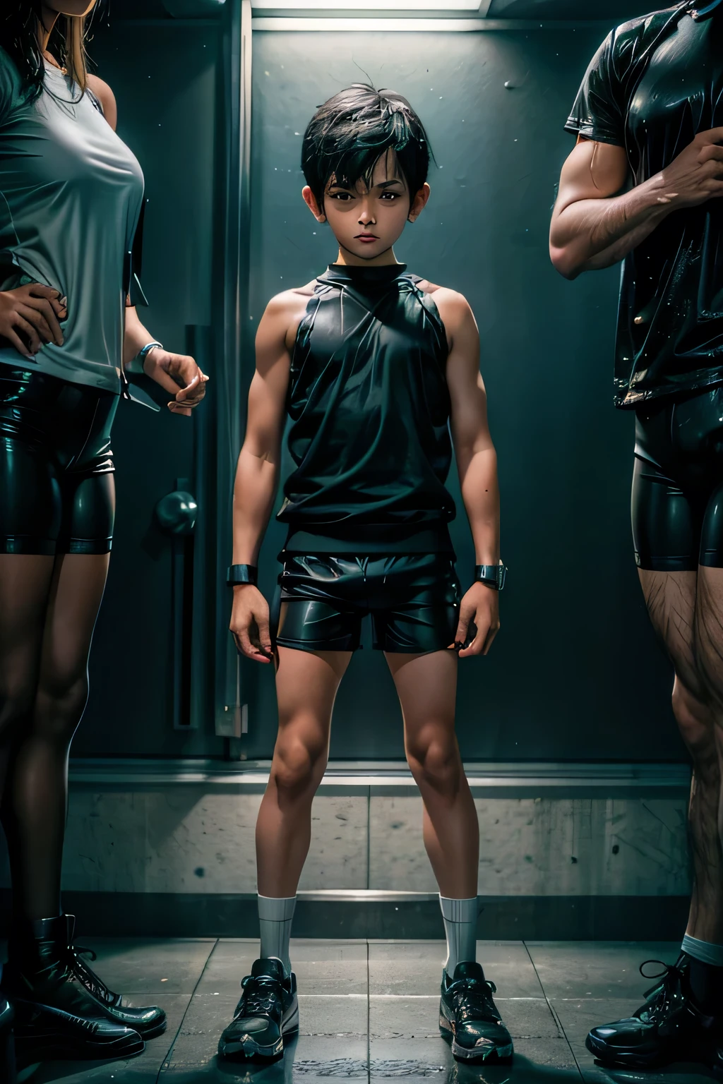 a cute prison boy, a boy is standing between 2 teachers, (spandex shorts:1.2), black hair, topless, very cute tiny boy, very short height, , detailed big hard bulge, soaked, 2 teachers and a student