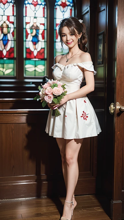 highest quality, Realistic, Very detailed, finely, High resolution, 8k wallpaper, Beautiful woman,, Brown hair short ponytail, (Red and white shot-Todres), Perfect dynamic composition, finelyて美しい目, Ample breasts, Realistic , smile, Model Body Type、Earrings,garnet necklace,tiara,(Holding a bouquet),Beautiful feet,(Church with beautiful stained glass),Full Body Shot:1.3,Smile and laugh,