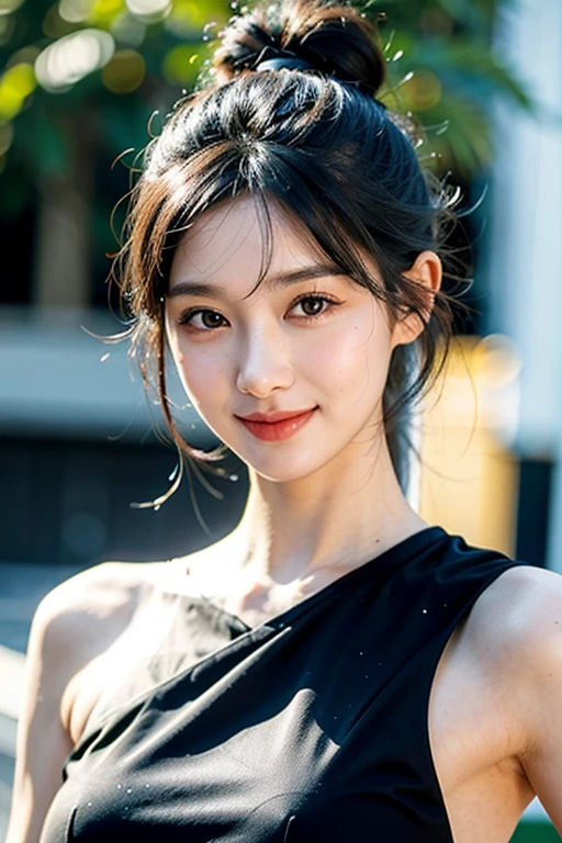 black hair, gravue body, best quality, smile, looking_at_viewer, detailed eyes, beautiful detailed, intricate details