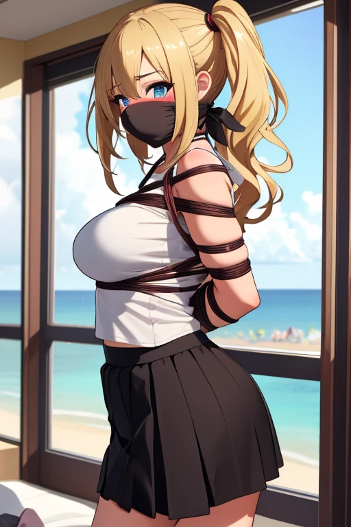 1 girl, detailed blue eyes, lange wimpern, detailed beautiful face, a Bit curly hair, curly twintails, schwarze haargummis, (very Long blonde hair:1.4), festgebunden, (arms behind back:1.6), gefesselte Arme, (blushing:1.3), (Big boobs:1.1), OTN, White OTN gag, Gag, gagged, shibari over clothes, (black skirt, White top:1.4), standing in a bedroom, big window with a beach in the Background, tied gag, nah aufnahmen