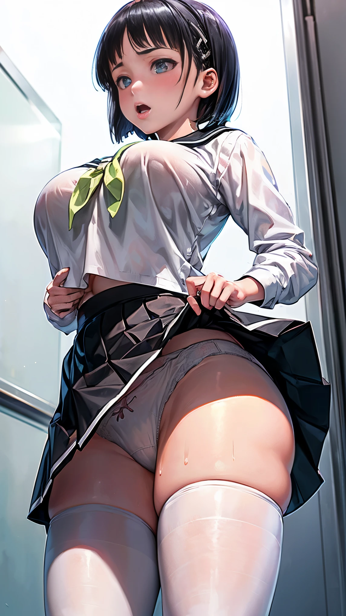 highest quality,masterpiece,8k,((((1girl)))),((big breasts:1.3)),orgasm,blush,sweat,zodiac_suguha,black hair,short hair,((serafuku,white shirt,black skirt,mini skirt,lift skirt,upskirt,white panties,black thighhighs:1.3))