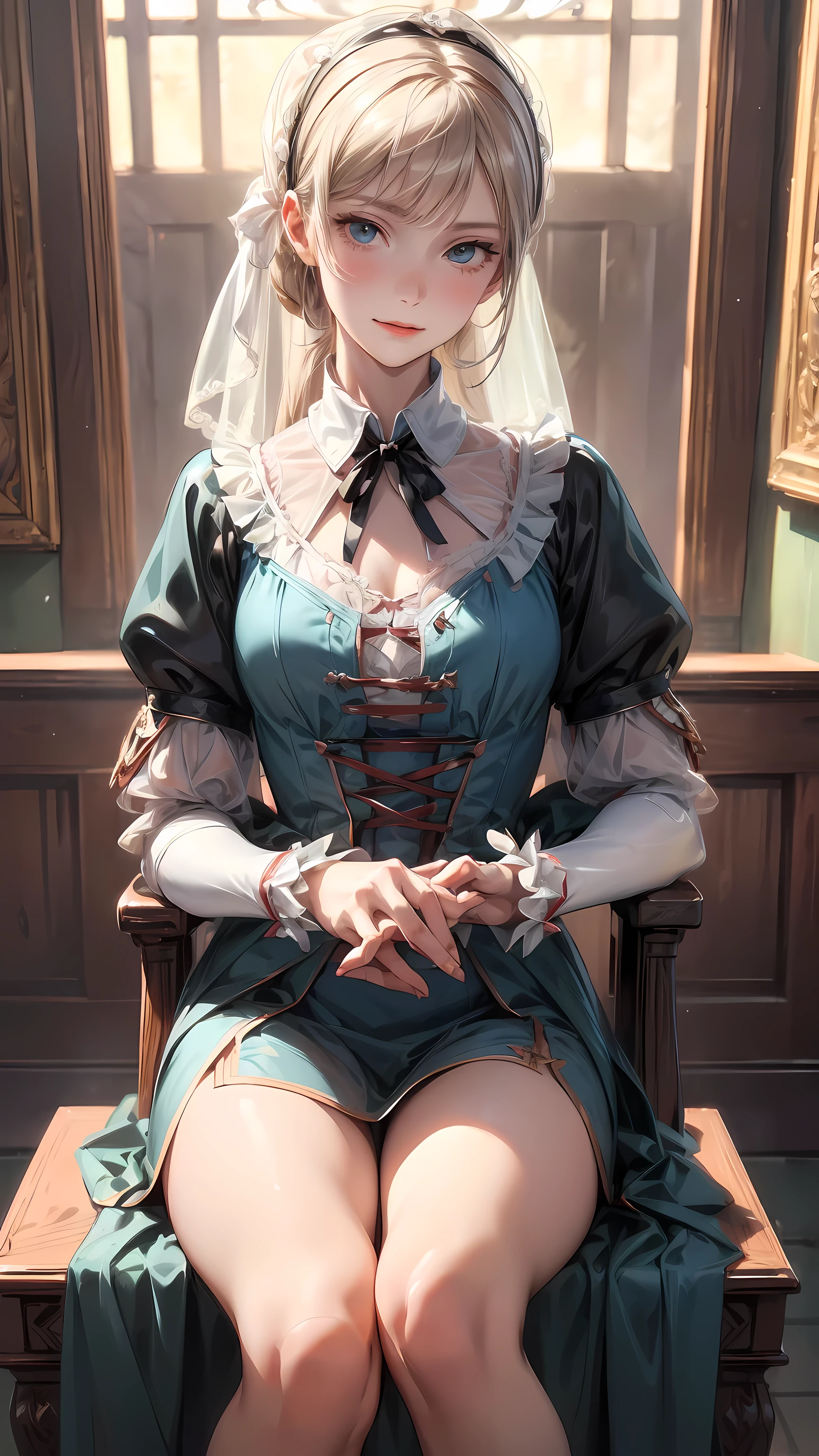 Florence Nightingale, (Ballet Costumes), sit on the chair, Smiling at the camera, White formal shirt, Loose button collar, Nipple lumps, Long dispersion, (Fine quality illustrations: 1.4), (renaissance art: 1.4), (Ultra-high resolution: 1.2), (Photorealism: 1.4), (8K, RAW photos: 1.2), (Soft Focus: 1.4), ( 18 years old: 1.3), (Clear focus: 1.4), Beautiful face,Attention to detail, Pure rose face_V1