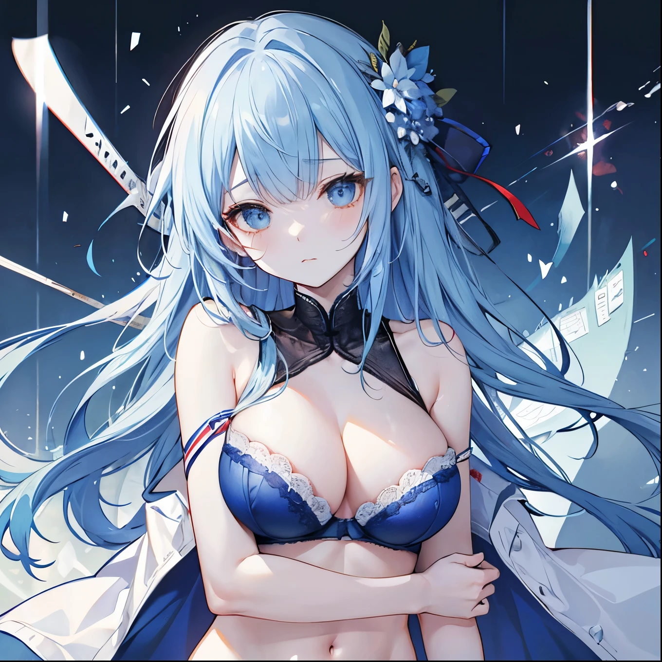 stab wound、bullet wound、Heavy bleeding、Blue underwear、Blue Bra、bandage