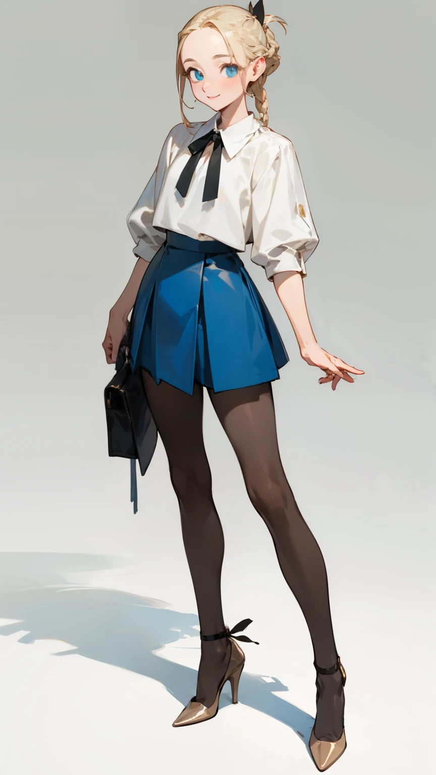 (masterpiece), ((best quality)), (super detailed), (beautiful eyes beautiful details eyes, Clean and delicate face), (whole body, standing), Single Braided blonde pony tail, parted bangs, forehead, blue eye, smile, wearing blouse, leather mini skirt, pantyhose, thigh, high heels, simple color background