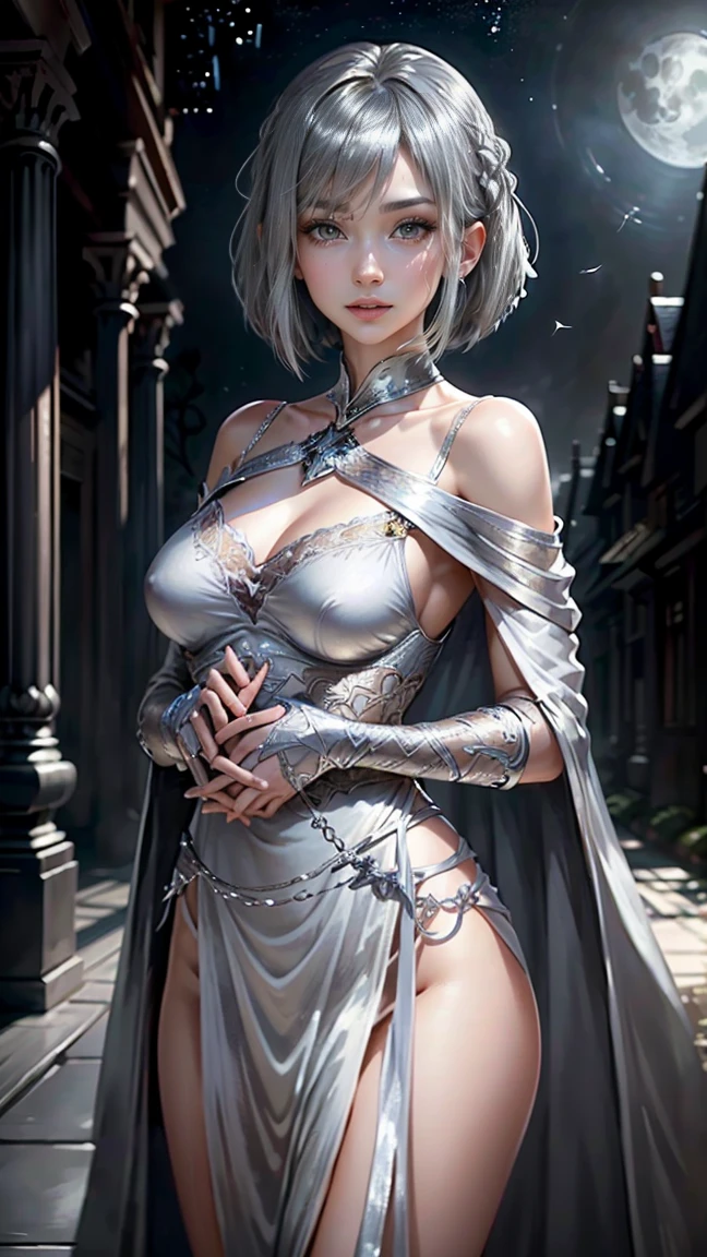 highest quality、masterpiece、8k、Realistic、超High resolution、Very delicate and beautiful、High resolution、Cinema Lighting、medium range shooting、Portraiture、Perfect female body、(Medium breast:1.5)、Opposition、Looking at the audience、((silver-haired bob:1.6))、Beautiful Eyes、Colours in harmony with nature、strong, Slender physique、A smile suits you、、Soft contours、Calm expression、Beautiful Lips、slender and graceful physique、Elegance is more prominent than strength、Shining in the moonlight、(((Flowing white robes、Star and moon patterns are woven into the fabric、Symbolizes magical power))、Elegant smile、Be considerate and、Approachable