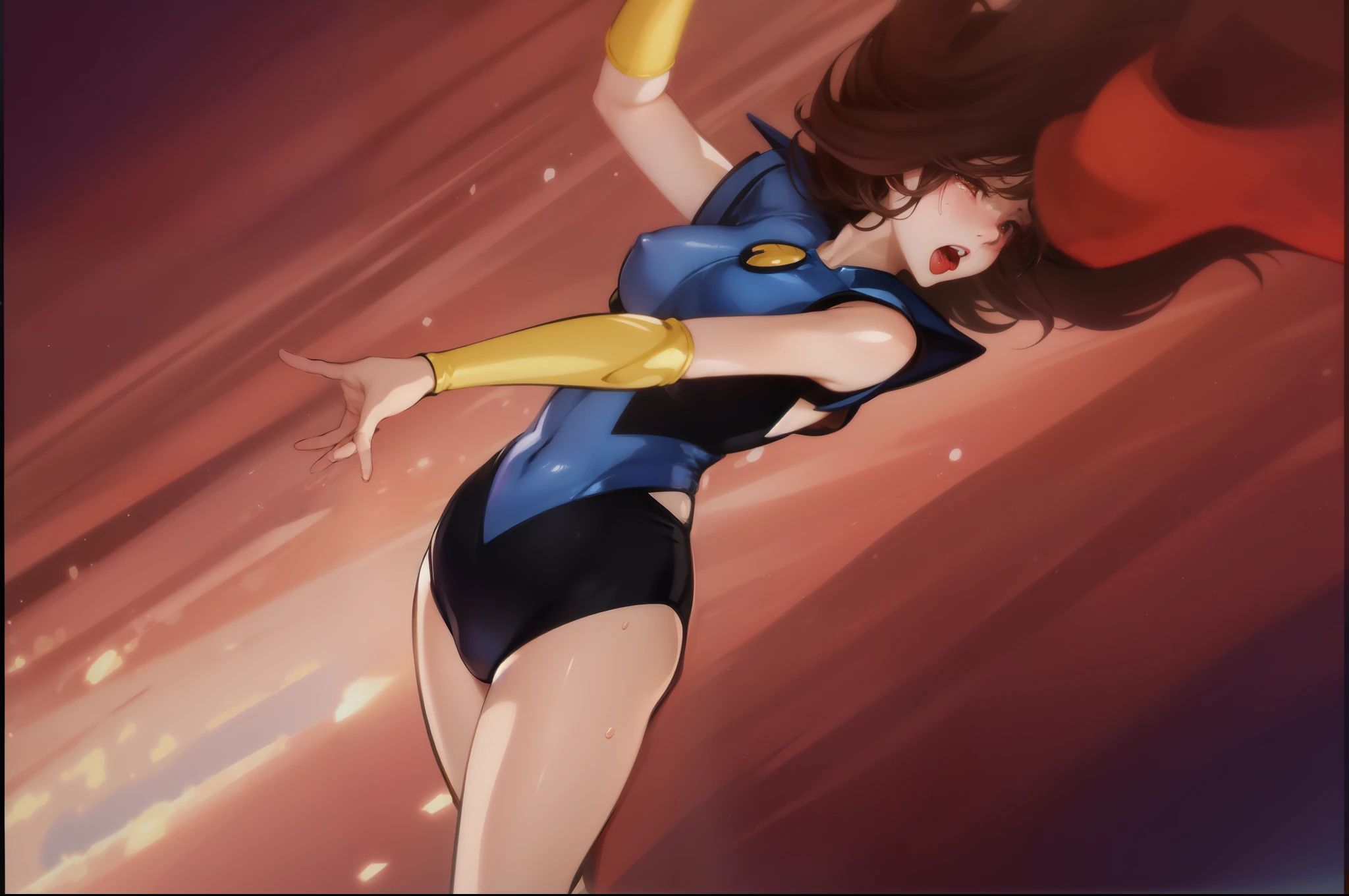 Female Combatant、Japanese girl、Close-up of a girl in a blue leotard、Blue glossy leotard、Blue knee-high boots、Yellow Globe、Saiyan Girl, wonderful, Nano Girl, Female body type, Inspired by Hiromu Arakawa, Anime Manga Robot!! Anime Girls, Fubuki, Full Body Suit, by Hiromu Arakawa、wonderful, silk, Beautiful and attractive anime teen, Anime Girls of the future, tears,Drooling,Pee,Sweat,Tongue out,incontinence,Peeing,Mouth open and tongue out,Estrus,Eyes wide open,Estrus,Blushing,Nipples are erect,Face is hot,Lust、Mouth wide open and tongue sticking out、incontinence、Crying face、Drooling、Red lips、Red tongue、Red tongueを大きく突き出している