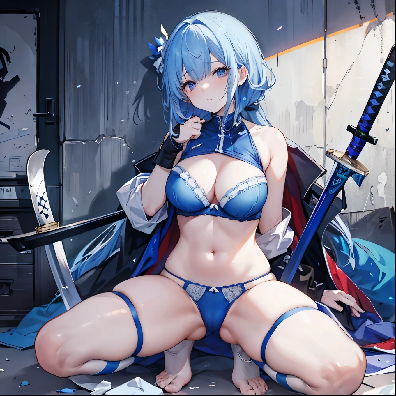 Many sword and gunshot wounds、Heavy bleeding、Blue underwear、Blue Bra、bandage