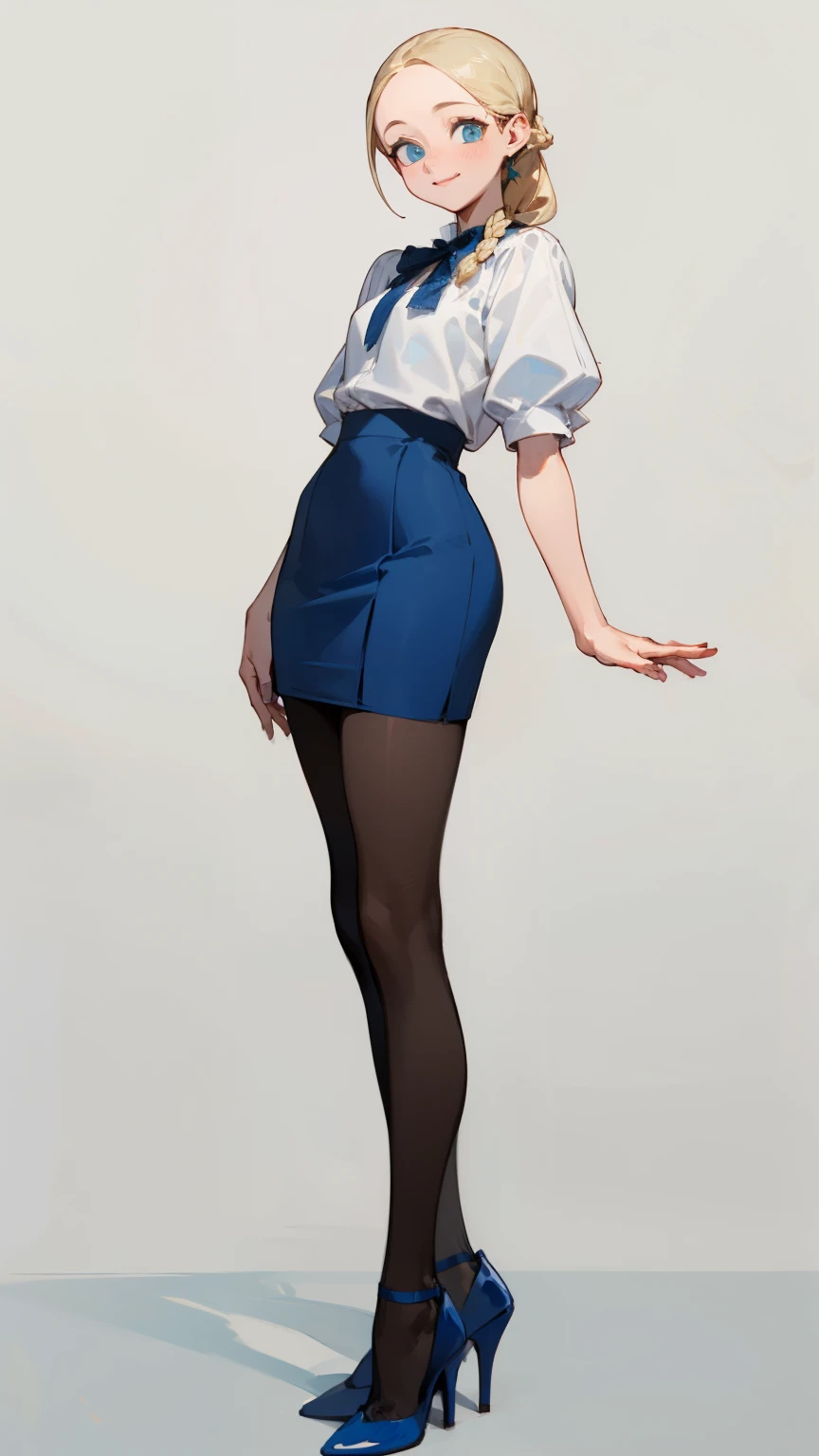 (masterpiece), ((best quality)), (super detailed), (beautiful eyes beautiful details eyes, Clean and delicate face), (whole body, standing), Single Braided blonde pony tail, parted bangs, forehead, blue eye, smile, wearing blouse and tight skirt, pantyhose, thigh, high heels, simple color background