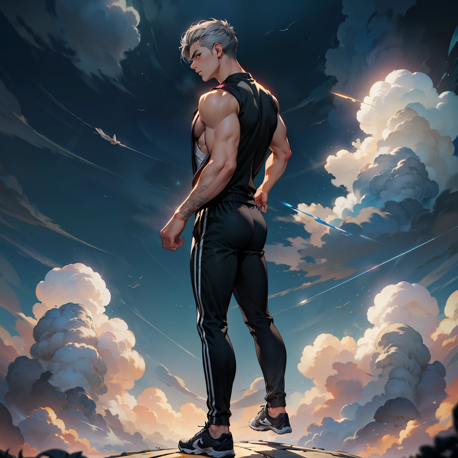 1boys, Full body, Serious face, brown eyes, ((gray hair)), medium length hairstyles, black tucked in sleeveless shirt, black tracksuit pants, black shoes, levitate on sky, blue sky, cloud, side back view