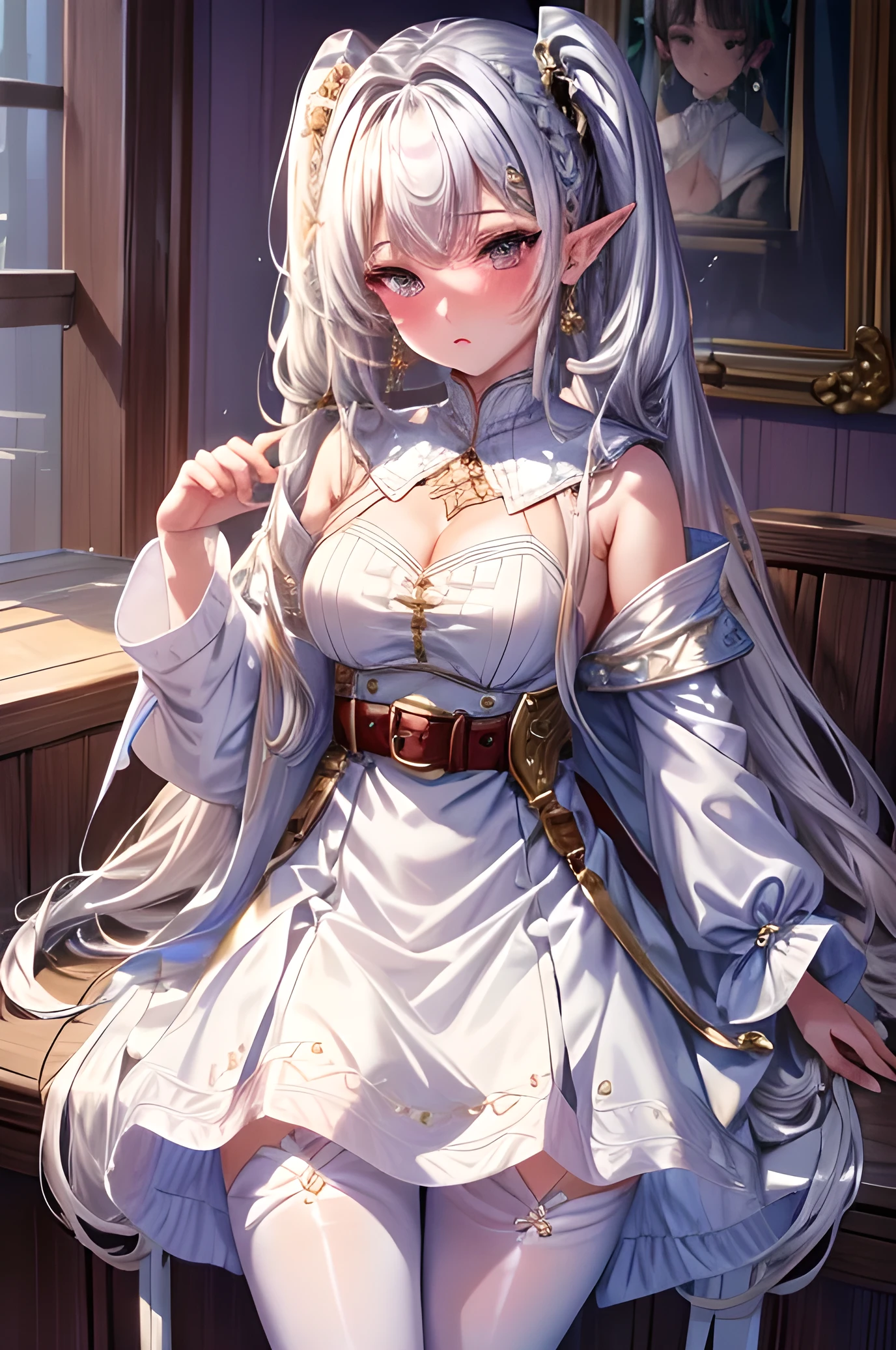 (masterpiece, highest quality), Intricate details, One girl, Freezing, Long Hair, Pointed Ears, jewelry, Earrings, Twin tails, Long sleeve, Capelet, white Capelet, dress, Raised bangs, white dress, belt, pantyhose