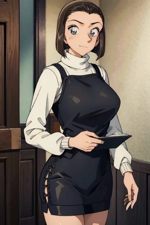 masterpiece, 16k, Japanese, 1 female ,60 years old ,(((White long sleeve warp knit sweater:1.5,Wear a black 2-corner camisole long dress:1.2))) ,(Big Breasts:1.5) , Realistic, double eyelid, Textured skin, 1080p, Canon, 8k, Very detailed, Accurate, highest quality、impatience、Sweat:1.5、blush、Embarrassed face、smile、（Tight waist、Big Ass）