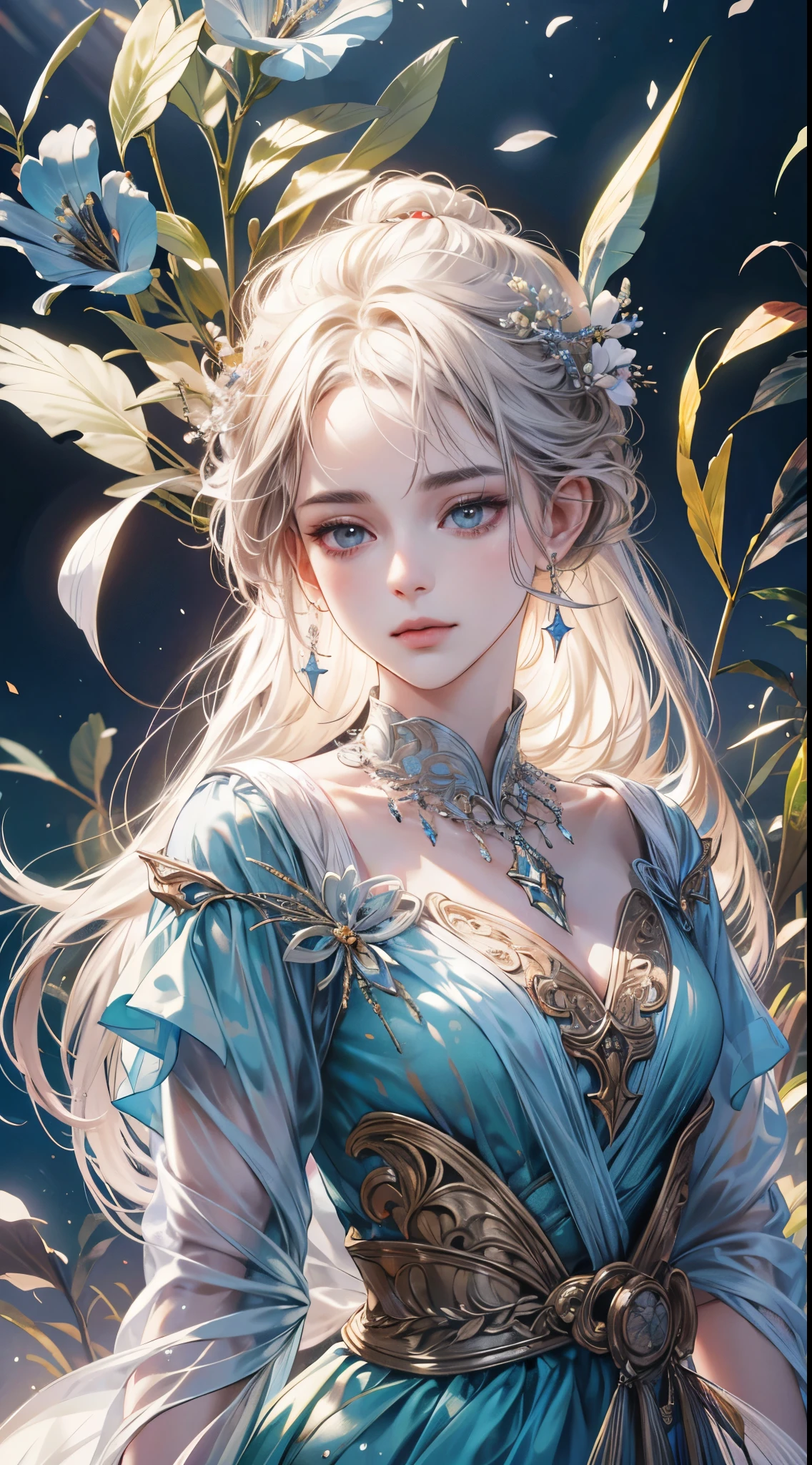 a detailed, beautiful, ethereal, exquisite portrait of a goddess, a lunar deity, with delicate, refined facial features, glowing skin, and a serene expression, surrounded by a lush, fragrant garden, (best quality, 4k, 8k, highres, masterpiece:1.2), ultra-detailed, (realistic, photorealistic, photo-realistic:1.37), HDR, UHD, studio lighting, ultra-fine painting, sharp focus, physically-based rendering, extreme detail description, professional, vivid colors, bokeh, digital art, concept art