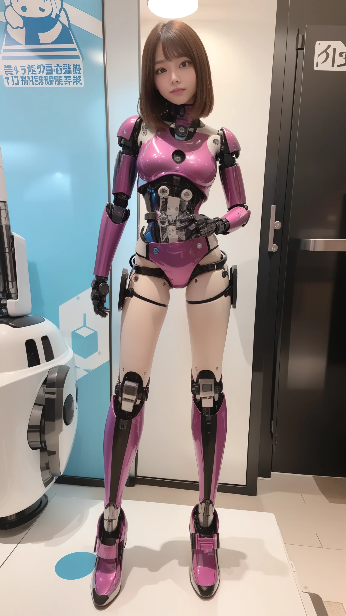 (Photorealsitic:1.4)、one robot woman、(top-quality)、(hyperdetailed face)、(Super well-formed face)、(Robot Parts)、(Female-Robot)、(25 years-old)、(Blue)、(pink there)、(Burgundy)、(metallic)、(full-body)、(sexy pose)、(Slender body)、(Model body type)、(full body mech)、(Akihabara)、(is looking at the camera)、(A brown-haired)、(Well-proportioned body)、(a small face)、(a small head)、(well-groomed fingers)、(Idol)、(front facing)、(Standing with legs open)、(Photo session)、(Looks sad)、(perfect-female-robot)、(perfect-mechanical-body)