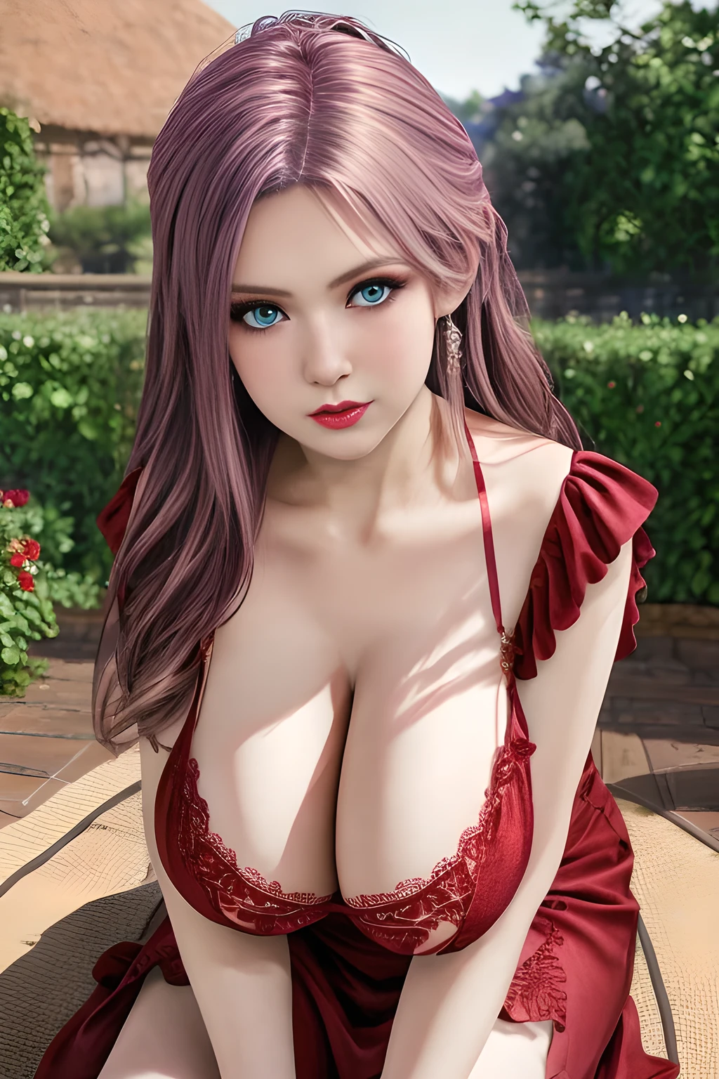 1girl,wore a red dress with delicate lace embellishments ,garden,moon,(huge breasts),lactating,(lip gloss),(masterpiece), best quality, (real life portrait photography:1.5),unltra detailed,8K,Shot with a professional-grade camera like the Nikon D850,every intricate detail is captured, from the subtlest expression to the glimmer of anticipation in her eyes,Focus on thighs and above,solo, elise,