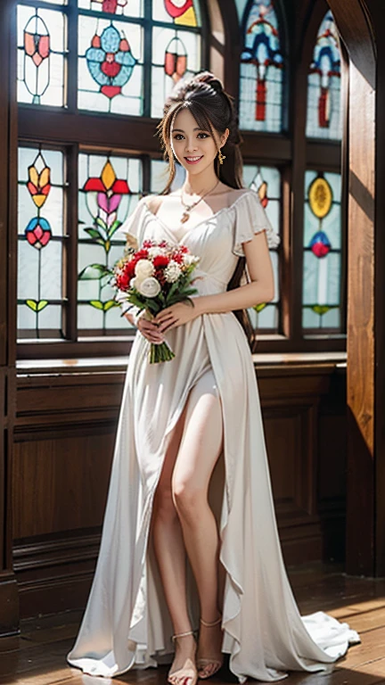highest quality, Realistic, Very detailed, finely, High resolution, 8k wallpaper, Beautiful woman,, Brown hair short ponytail, (Red and white shot-Todres), Perfect dynamic composition, finelyて美しい目, Ample breasts, Realistic , smile, Model Body Type、Earrings,garnet necklace,tiara,(Holding a bouquet),Beautiful legs,(Church with beautiful stained glass),Full Body Shot:1.3,Smile and laugh,