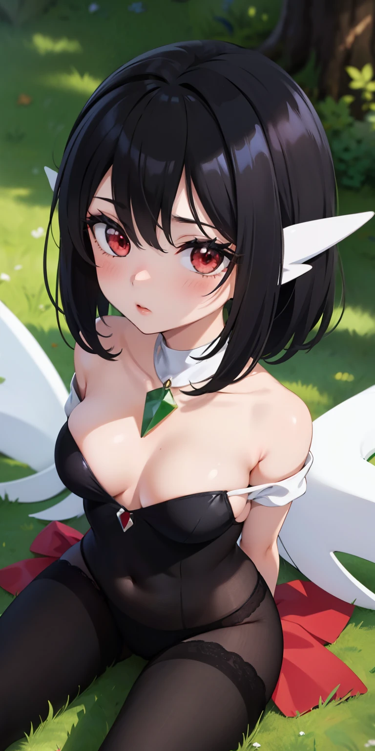 masterpiece, best quality, ultra-detailed, illustration,(1girl), pokemon, Gardevoir, looking at viewer, close up, (breast focus), (arms behind back:1.2), (from above:1.1), black hair, Medium breasts, (breasts out:1.3), (off shoulder:1.1), lace underwear, random pantyhose, black hair, red eyes, Sharringan eyes,