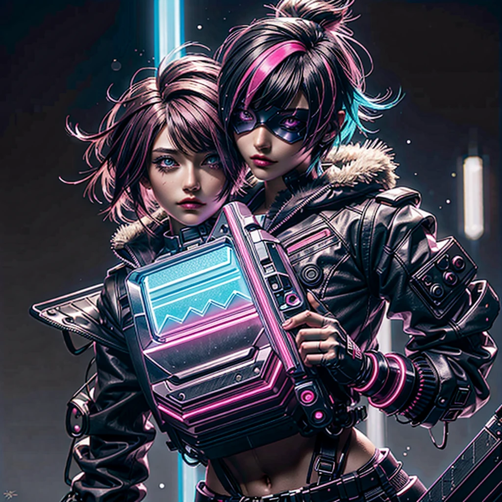 cyber punk, Pink neon, One girl, Fairy, Neon hair, Neon eyes, Very short hairstyle, Black leather jacket,sniper rifle, Food Up, secretly, mask,goggles,Developed abdominal muscles