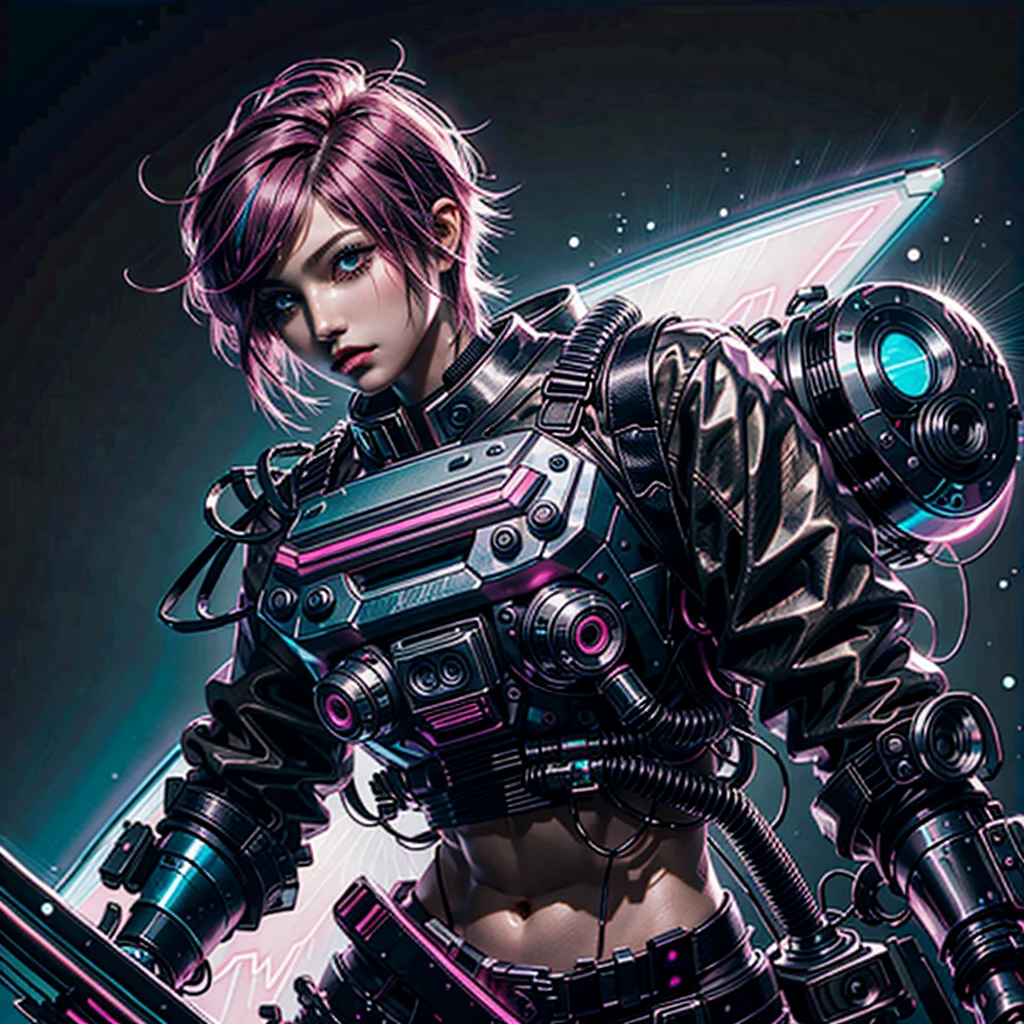 cyber punk, Pink neon, One girl, Fairy, Neon hair, Neon eyes, Very short hairstyle, Black leather jacket,sniper rifle, Food Up, secretly, mask,goggles,Developed abdominal muscles
