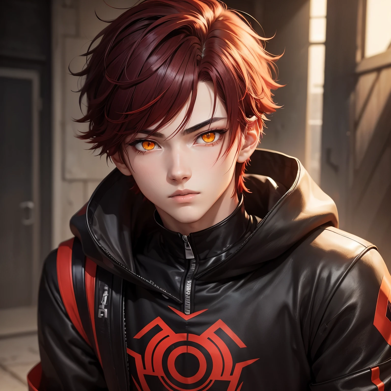 anime avatar, , boy, black and red hair, glowing yellow eyes, skinny, stunning anime face portrait, detailed anime soft face, anime style