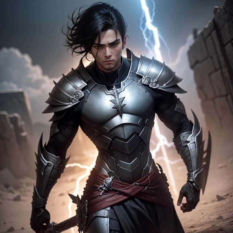 A male warrior with a lightning sword, short dark hair, no helmet, thin athletic, gray armor chest and shoulders