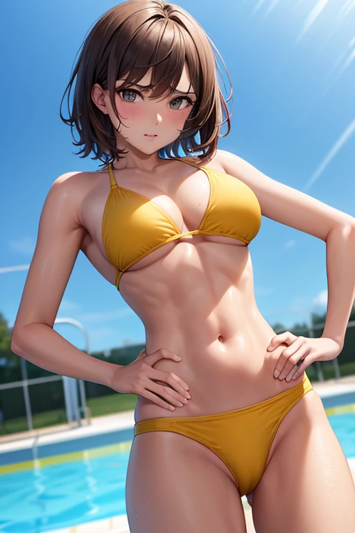 Handsome bob, brown hair　Saucy　１７age　Medium chest　Yellow bikini swimsuit　Being kicked into the pool　Facing the viewer　Angry　Abdominal muscles　water droplets