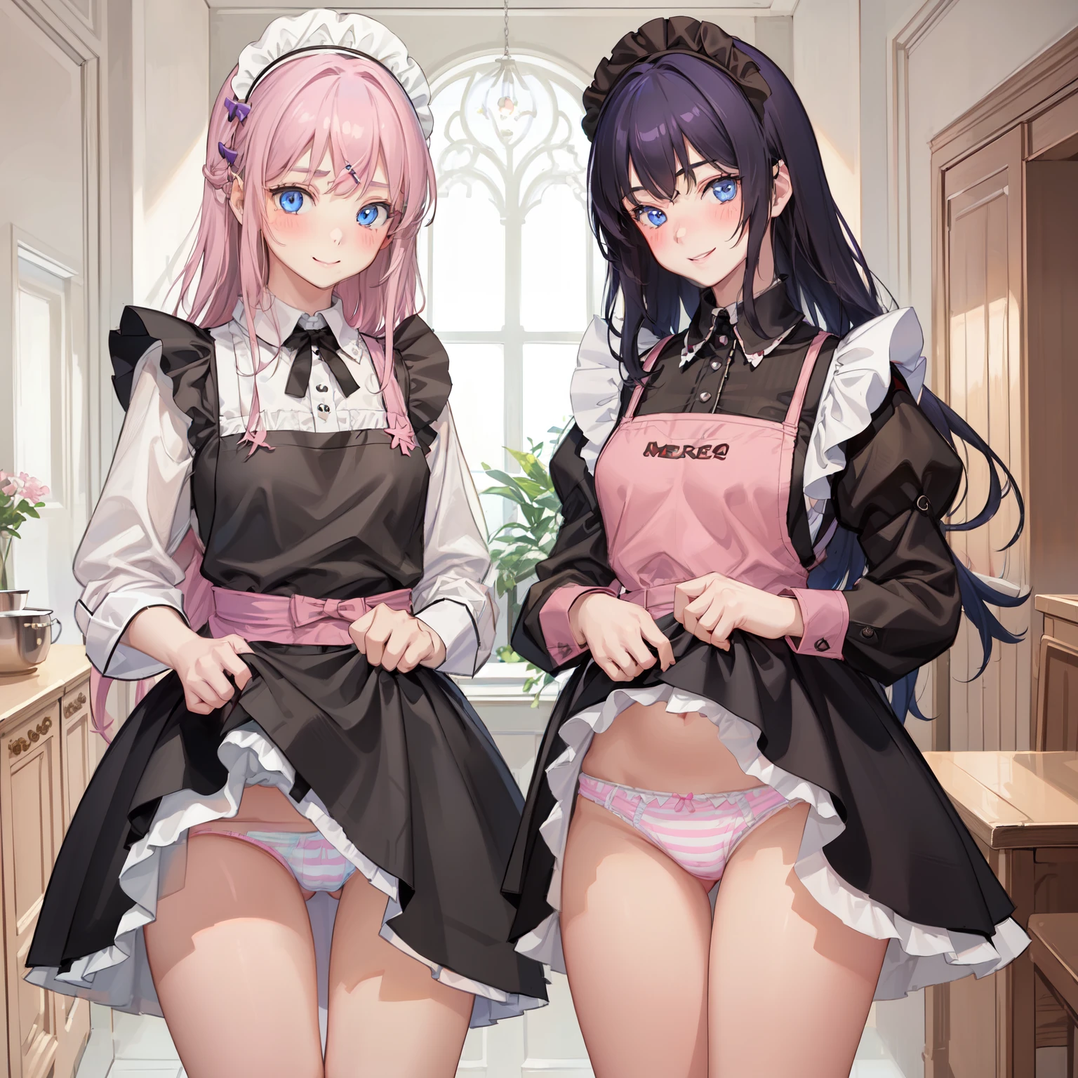 highest quality, masterpiece,((ars old:)),  ((2 girls:1.5)), ((smile:1.3)), (blush:1.3), Black Shirt, blouse, ((fun!!)), (Small breasts), Blonde, (Long sleeve), ((White apron:1.5)), ((Maid)), ((hair ornaments)), Kamimei, look at me, ((in house:1.5)), Taking a break from watching the audience, Cowboy Shot, (skirtlift:1.3), (Highly detailed pink striped panties:1.3), (Highly detailed panties:1.3), (skirt that rolls up:1.3), (Panties fully exposed:1.5), Light blue eyes, long hair, Glowing Eyes