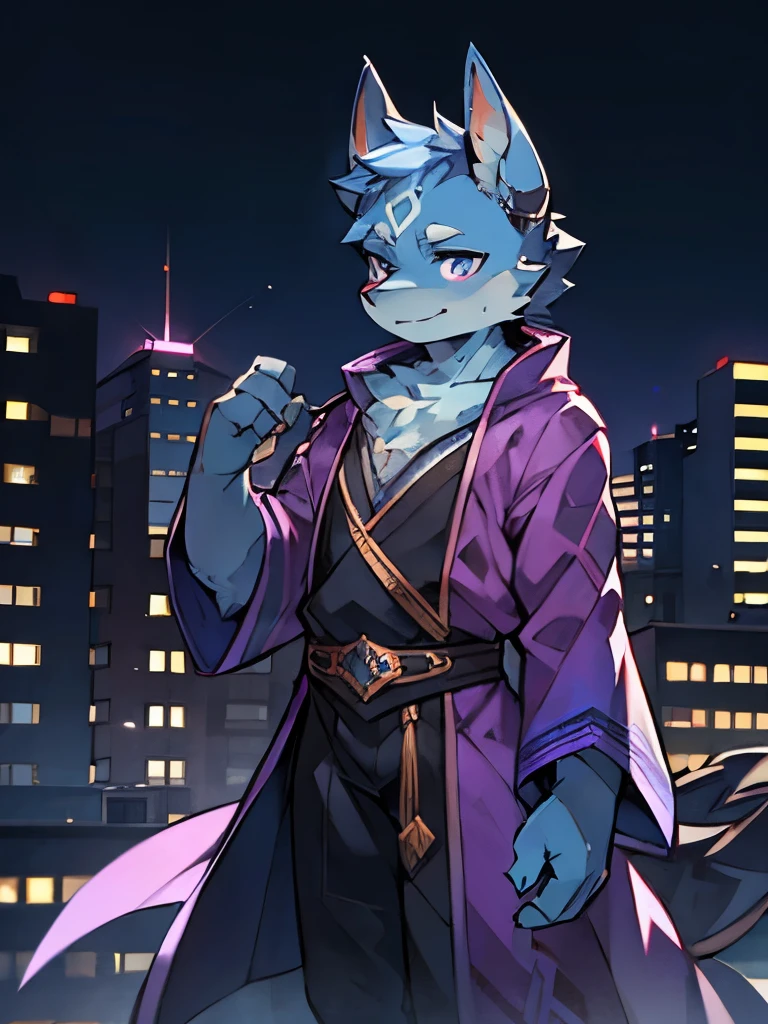 Exquisite lines,best quality,Blue Orc,male,Wearing a purple robe,Inside he was dressed in black,Blue pupils,Background City,night,On the roof,Looking at the sky