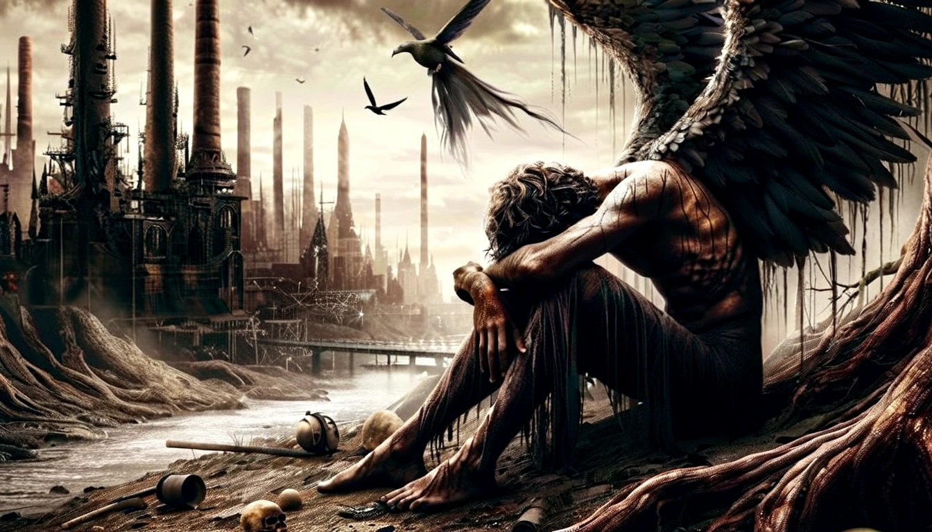 arafe angel sitting in a tree in a city with a bird flying overhead, arte escura de fantasia, fallen Angel, arte escura surreal, apocalyptic art, dystopian art, dramatic art, arte de fantasia sombria, arte surreal sombria, arte de fantasia sombriawork, necessidade humana anjo da morte, apocalyptic fantasy, a sinister fantasy illustration, arte de terror fantasia sombria, anjo sombrio, fantasia sombria surreal