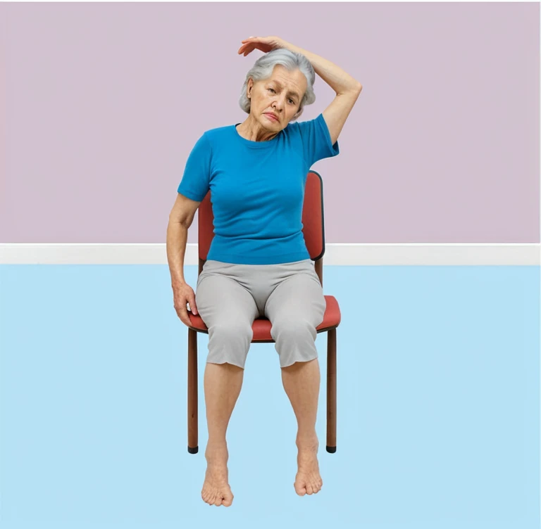 an old woman seated on a chair doing neck stretches chair yoga