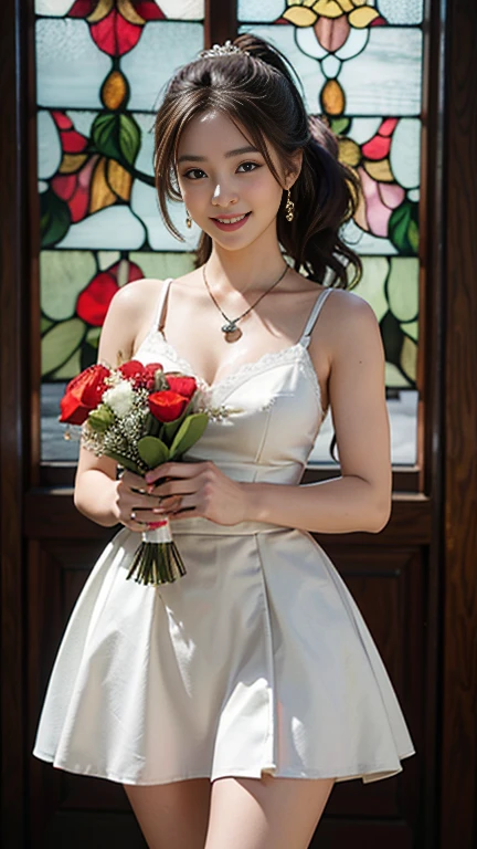 highest quality, Realistic, Very detailed, finely, High resolution, 8k wallpaper, Beautiful woman,, Brown hair short ponytail, (Red and white shot-Todres), Perfect dynamic composition, finelyて美しい目, Ample breasts, Realistic , smile, Model Body Type、Earrings,garnet necklace,tiara,(Holding a bouquet),Beautiful legs,(Church with beautiful stained glass),Full Body Shot:1.3,Smile and laugh,