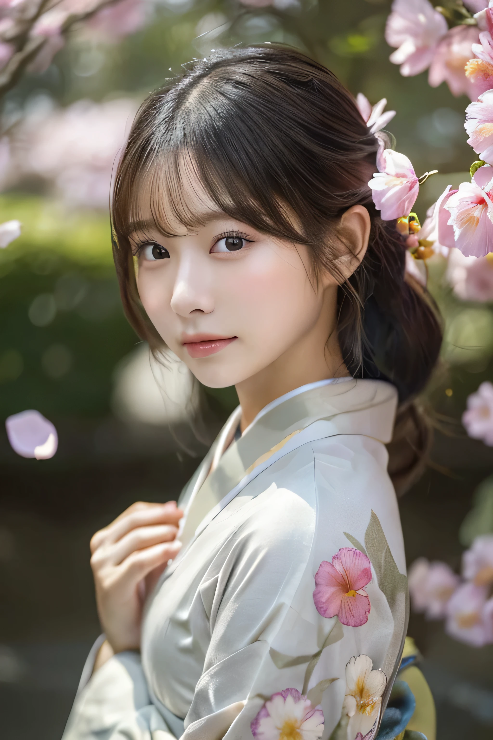 (Kimono)、Random Shots、、、randome pose、(Petals flutter:1.3)、(Wind:1.3)、(top-quality,​masterpiece:1.3,超A high resolution,),(ultra-detailliert,Caustics),(Photorealsitic:1.4,RAW shooting,)Ultra-realistic capture,A highly detailed,high-definition16Kfor human skin、 Skin texture is natural、、The skin looks healthy with an even tone、 Use natural light and color,One Woman,japanes,,kawaii,A dark-haired,Middle hair,(depth of fields、chromatic abberation、、Wide range of lighting、Natural Shading、)、