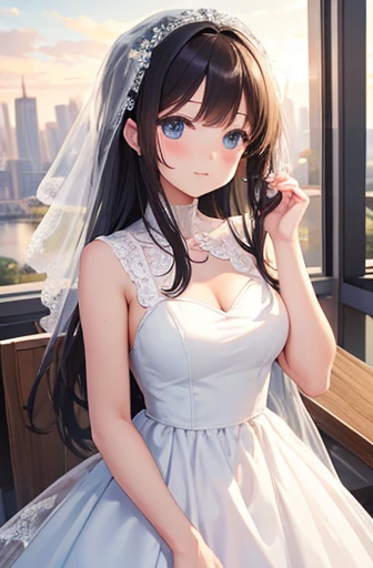 Second meeting,{masterpiece},{high quality},{Perfect Face}MECA Girlfriend,cute,Wedding dress,restaurant,I'm staring at you,Wine in the right hand,{Perfect hands}