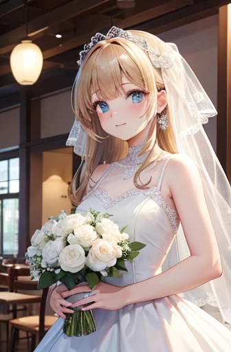 Second meeting,{masterpiece},{high quality},{Perfect Face}MECA Girlfriend,cute,Wedding dress,restaurant,I'm staring at you,Wine in the right hand,{Perfect hands}