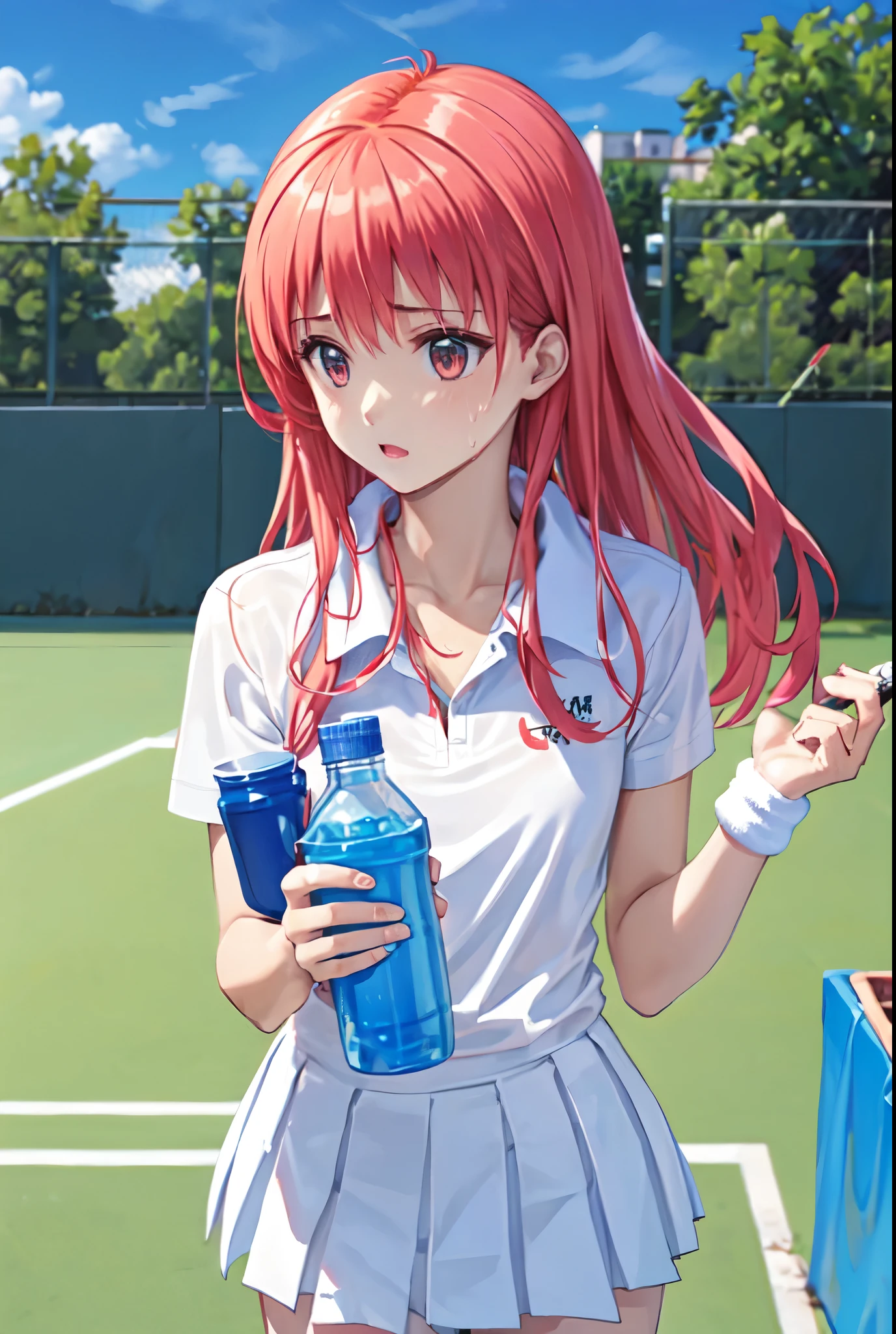 White tennis wear、White polo shirt、White skort、Pink hair、Long Hair、Tennis court、Sweaty、Put a towel around your neck、Drinking plastic bottles