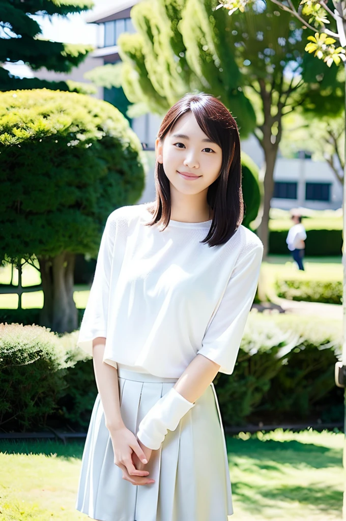 Very beautiful Japanese women、21 years old、university student、A sunny day in the university garden、Are standing、Looking at the camera、smile、Pleated mini skirt、healthy、White skin、