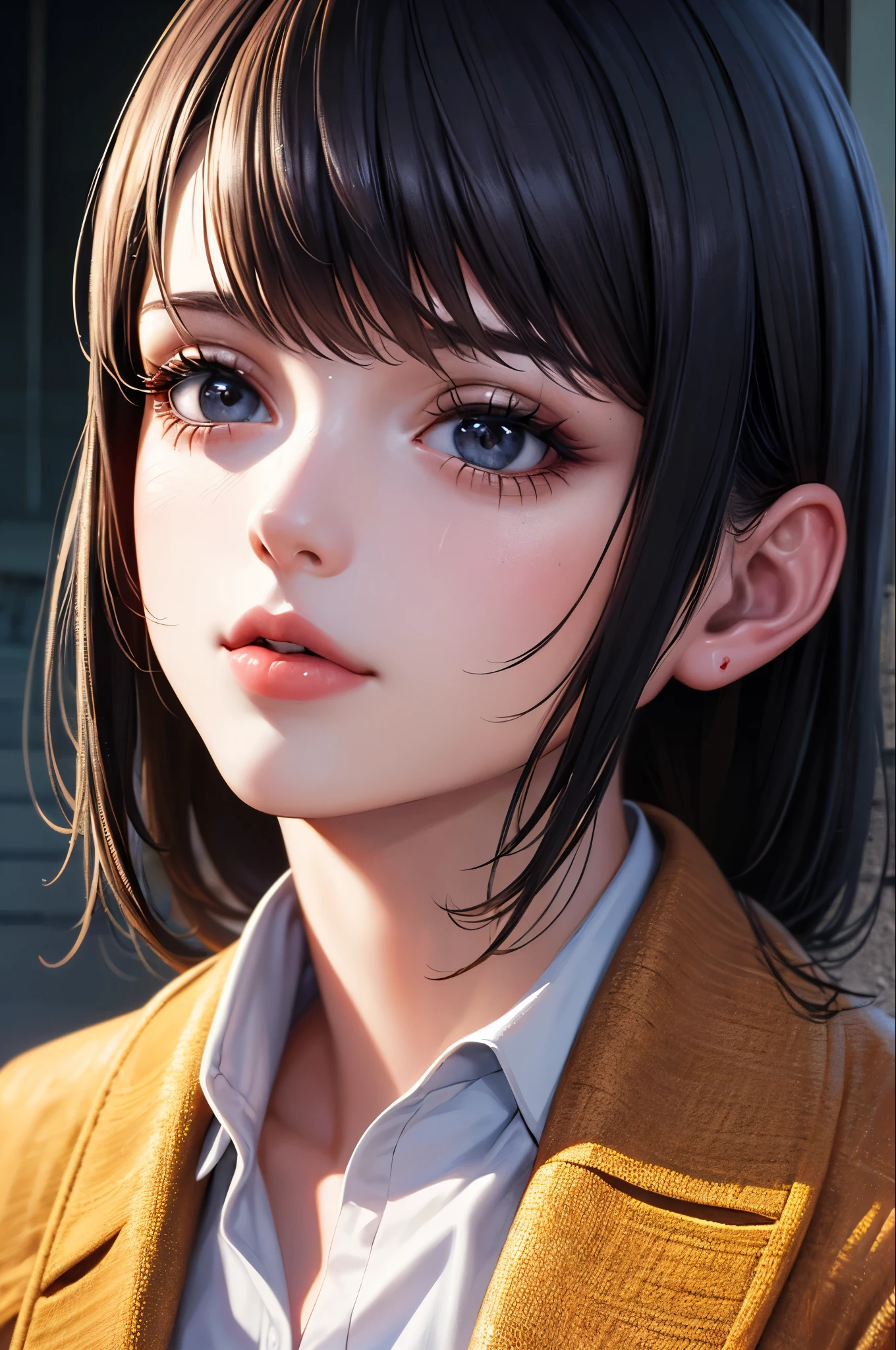 Beautiful girl with realistic black eyes, Pale skin, Medium length black hair, Perfect Face, Perfect Eyes, Wearing a coat, Very detailed, Overall Movie, Digital Painting, 8k, Cinema Lighting, highest quality, High resolution, Detailed work, Post-processing, Perfect results, Ultra-realistic