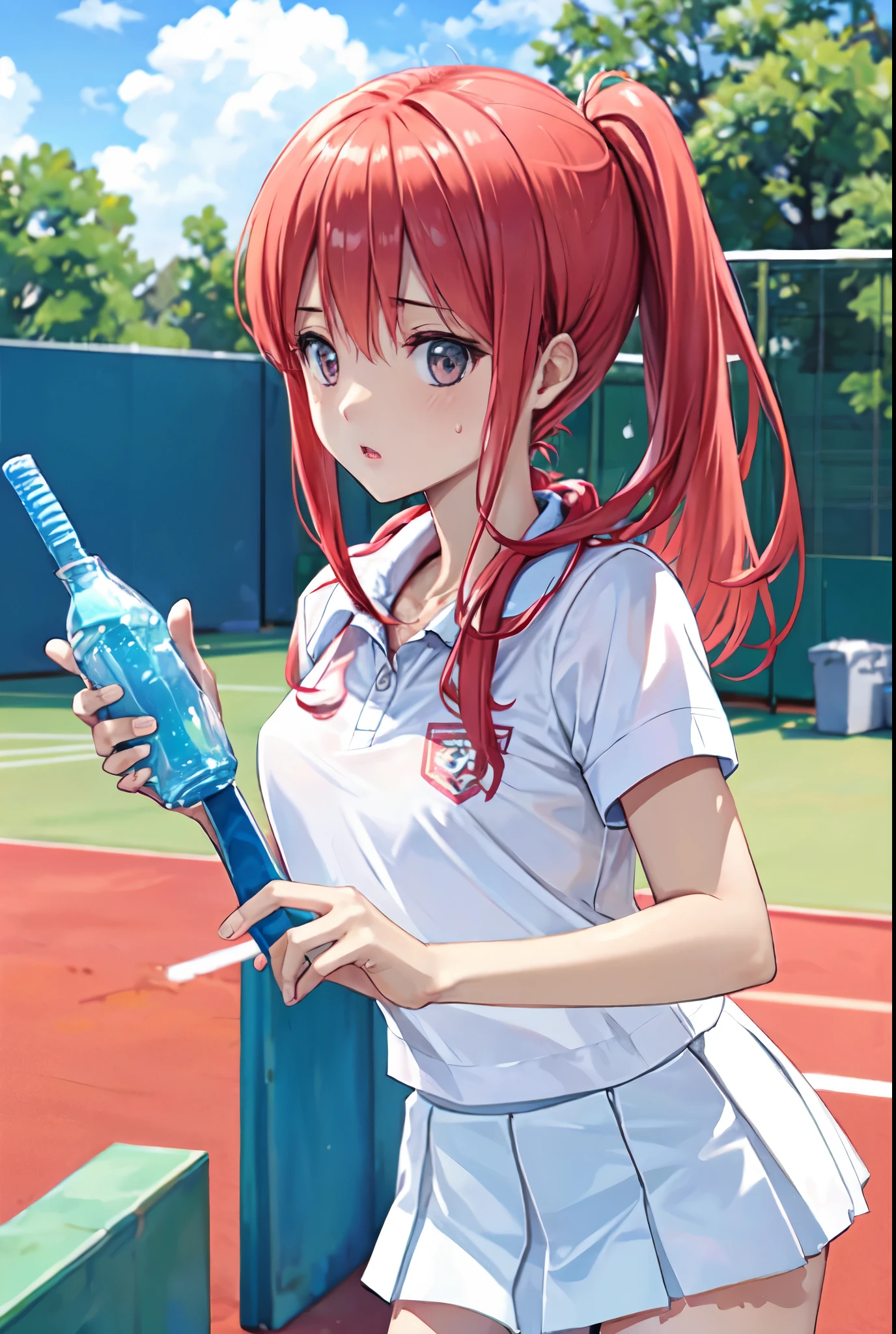 White tennis wear、White polo shirt、White skort、Pink hair、Long Hair、Tennis court、Sweaty、Put a towel around your neck、Drinking plastic bottles