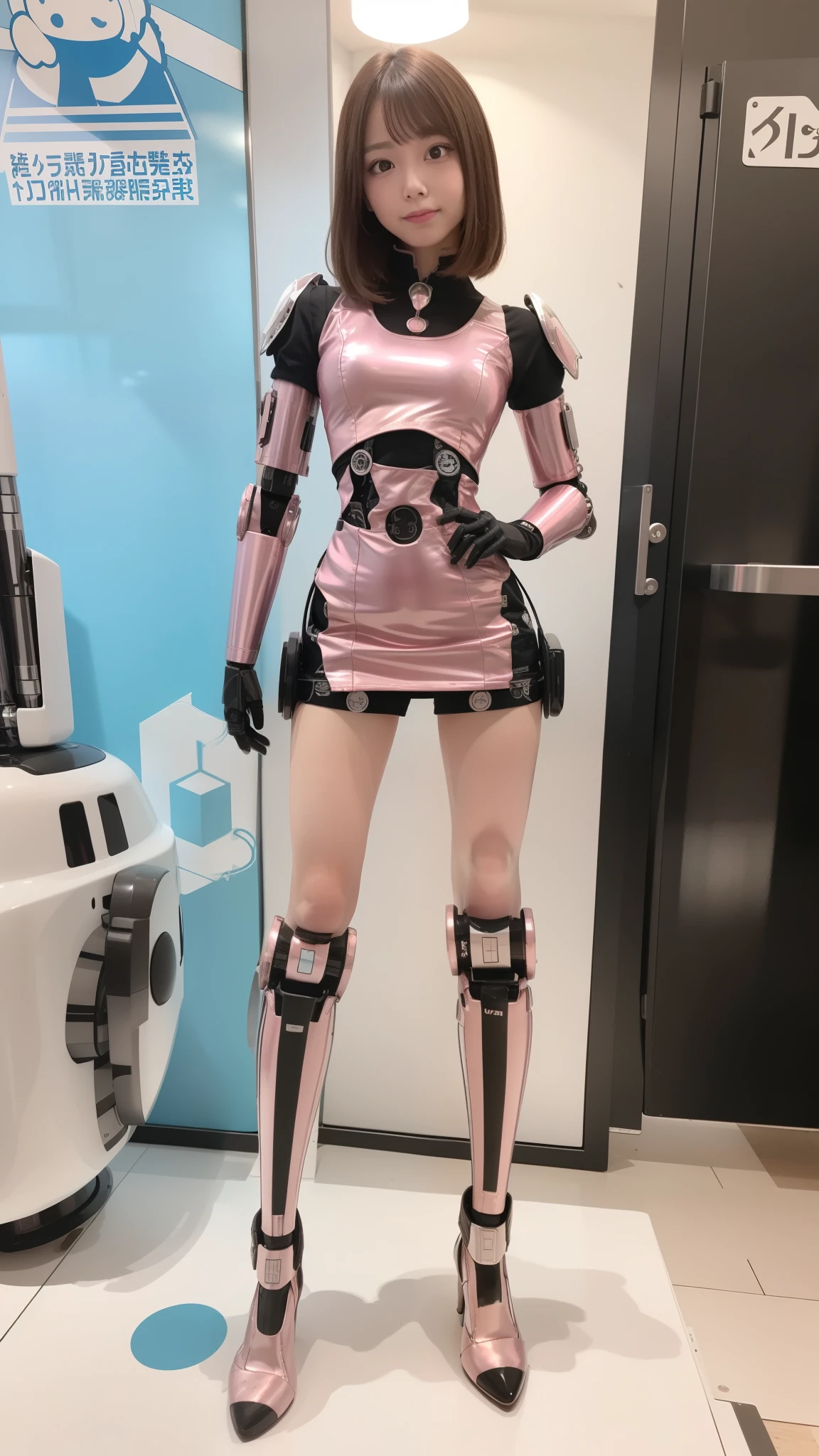 Robot Girl, pink there, Silver, Metallic body, Robot Parts, Metal Parts, Super Detailed Face, Super well-formed face, of the highest quality, a small face, a small head, Brown hair, Slender body, Camera gaze, Internal Mechanical Exposure, Idol, front facing, Well-proportioned body, sale, Exhibited, Event Hall, Moe Pose, pink metallic Lolita dress machine armor, Standing with legs open, Model body type, sad, Embarrassing,(Perfect Robot Girl),(Perfect machine body)