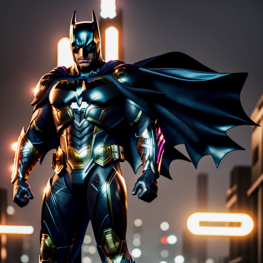 Ultra HD cinema lenses, Batman wearing an Hyper detaile black armor, cyberpunk theme, metropolis illuminated by colorful lights, strong contrast, 4k wallpaper,high resolution, full body, big muscles.
