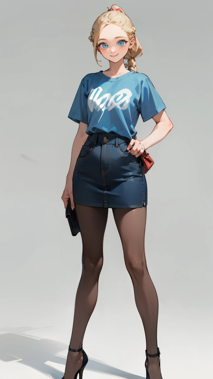 (masterpiece), ((best quality)), (super detailed), (beautiful eyes beautiful details eyes, Clean and delicate face), (whole body, standing), Single Braided blonde pony tail, parted bangs, forehead, blue eye, smile, wearing T-shirt and denim skirt, pantyhose, thigh, high heels, simple color background