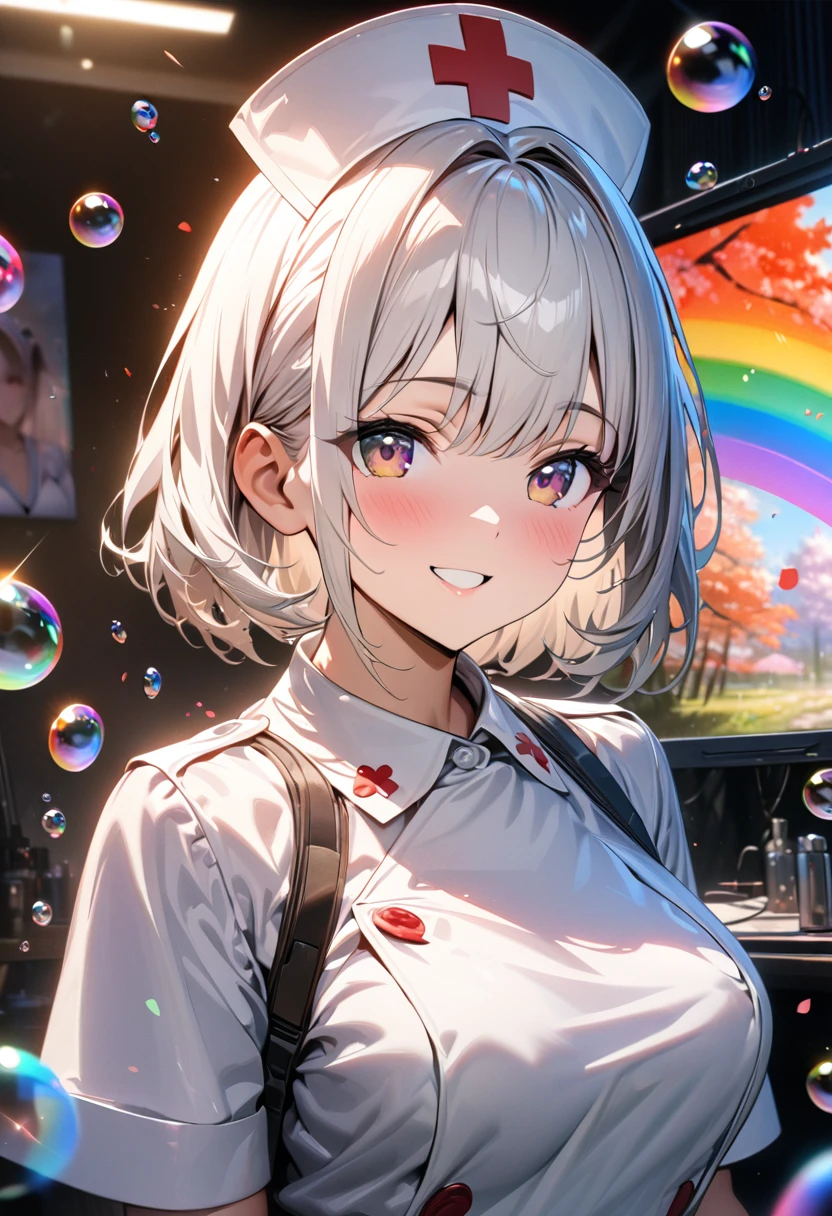 1 girl, military nurse, cherry blossom tree, soap bubbles, white short hair, white nurse uniform, blood, rainbow-colored bubbles, cute and fantastic background, smiling, (best quality,4k,8k,highres,masterpiece:1.2),ultra-detailed,,HDR,UHD,studio lighting,ultra-fine painting,sharp focus,physically-based rendering,extreme detail description,professional,vivid colors,bokeh,portrait
