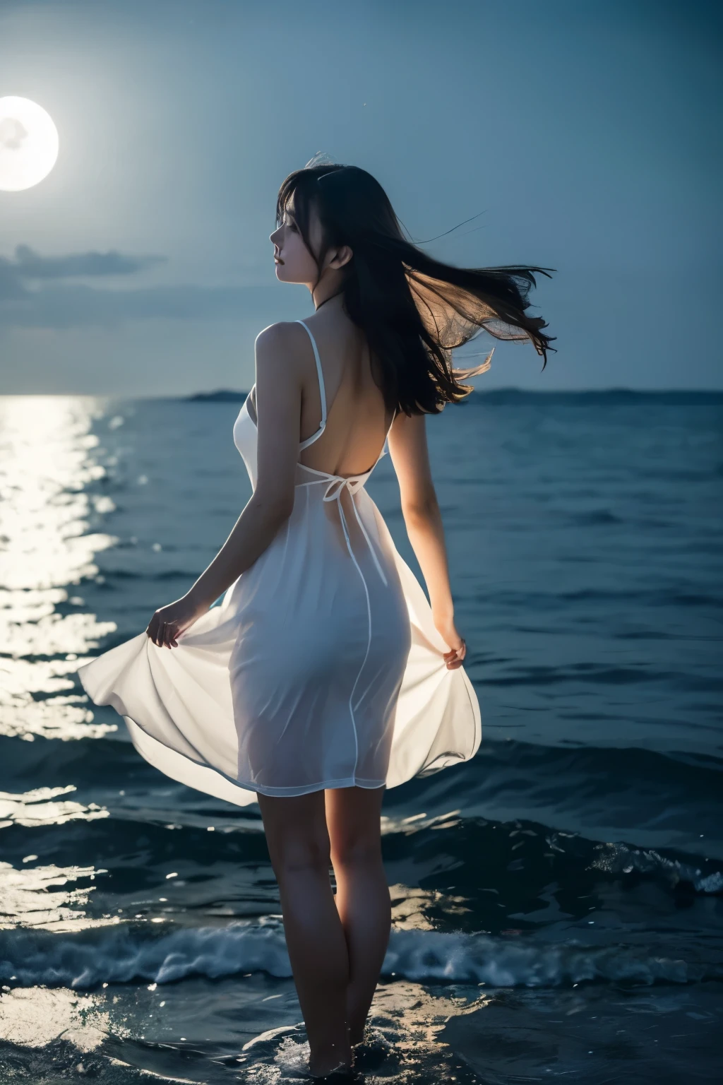 1 girl, (Wear a clean white summer dress:1.3), Very beautiful Japanese idol portraits, 
(RAW Photos, highest quality), (Realistic, Realistic:1.4), (masterpiece), 
Very delicate and beautiful, Very detailed, 2k wallpaper, wonderful, finely, Very detailed CG Unity 8K 壁紙, Very detailed, High resolution, Soft Light, 
Beautiful detailed girl, Very detailed目と顔, Beautiful and sophisticated nose, finelyて美しい目, 
(Silhouette Girl),  (Dark sea at night:1.4), (Dark screen), (full moon), (The magical moonlight illuminating the sea),
(Semi-long hair), (The girl dances lightly:1.3), (Full body silhouette of a girl:1.5), (Hair blowing in the wind), (The fabric of a white summer dress fluttering in the wind can be seen through the moonlight shining on the sea.:1.3), 
Complete Anatomy, Slender body, Small breasts