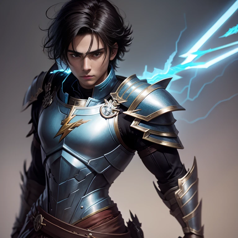 A male warrior with a lightning sword, short dark hair, no helmet, thin athletic, light blue lightning armor