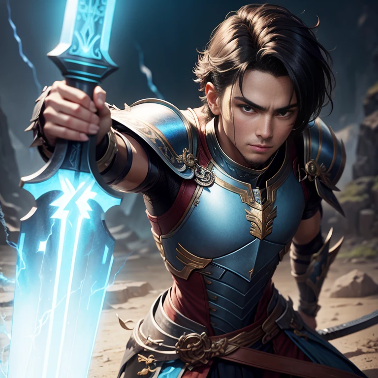 A male warrior with a lightning sword, short dark hair, no helmet, thin athletic, light blue lightning armor