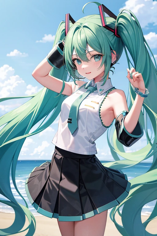 Hatsune Miku, feliz, sorriso, Boca aberta, cantoria, Dancing, mais alta qualidade, high resolution. detalhes intrincados,da mais alta qualidade, Chromatic aberration, 1 garota em, Sozinho, saia molhada nua na praia, Hatsune Miku, cabelo longo, coxas coxas coxas coxas, Cauda dupla, mangas destacadas, gravata, Thigh botas longas, botas longas, sem mangas, headphone headset, water eyes, saia plissada, water hair, corpo todo, sem mangas Shirt,  Fundo, Very cabelo longo, fundo branco, black shoes, coxas pretas, Hair Ornament